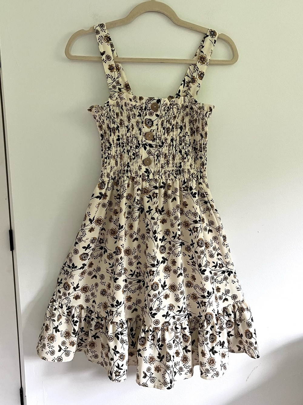 Mary & Mo Cream Brown Floral Smocked Boho Cottagecore Neutral Mini Dress Small